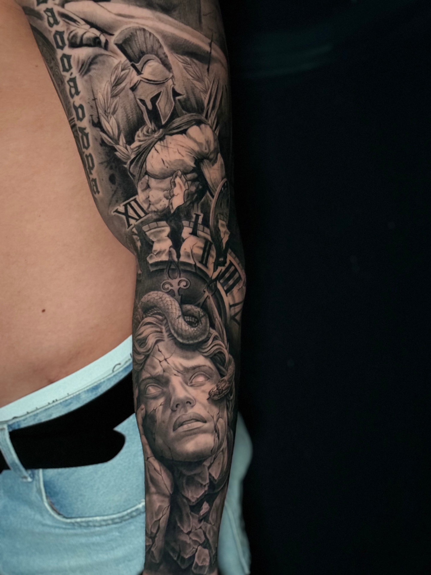 Large scale black and grey back tattoo by Martin Mølle